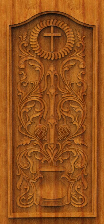3D DOOR - OAK-67 Christian Cross and Floral Vase Relief Carving